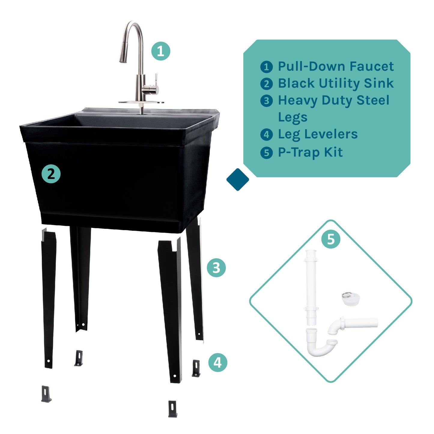 Tehila Standard Freestanding Black Utility Sink with Stainless Steel Finish High-Arc Pull-Down Faucet - Utility sinks vanites Tehila