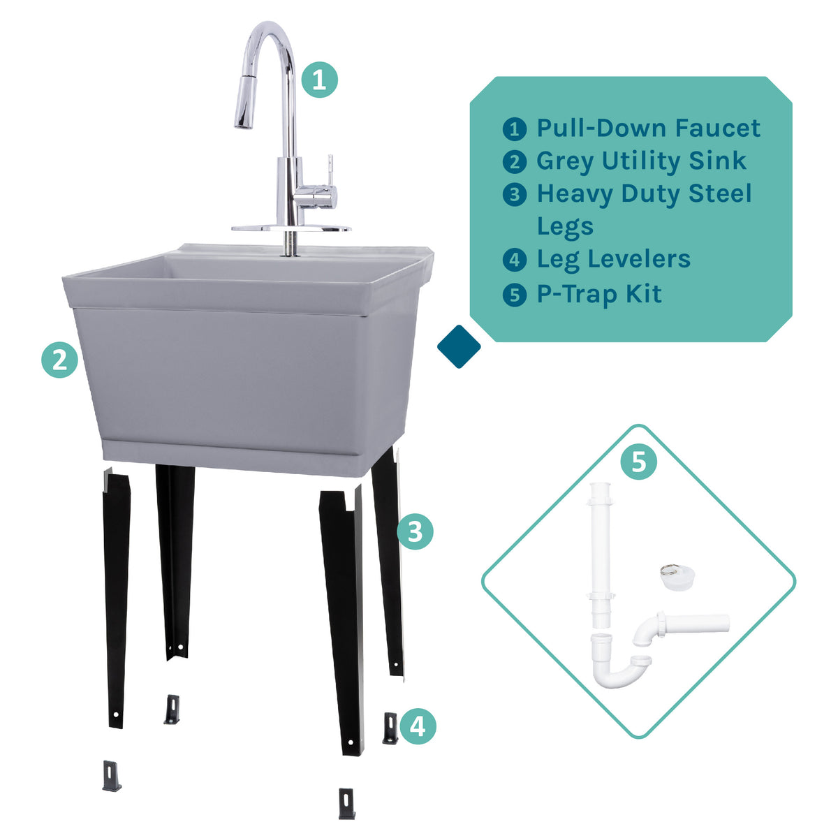 Tehila Standard Freestanding Grey Utility Sink with Chrome Finish High-Arc Pull-Down Faucet - Utility sinks vanites Tehila