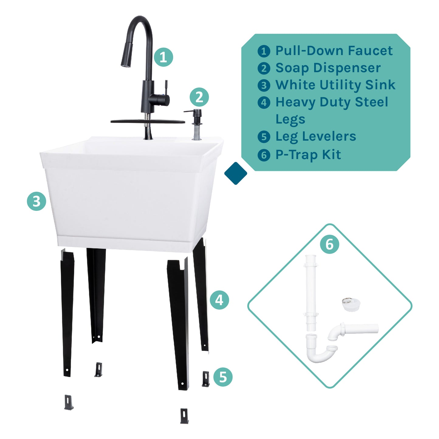 Tehila Standard Freestanding White Utility Sink with Black Finish High-Arc Pull-Down Faucet and Soap Dispenser - Utility sinks vanites Tehila