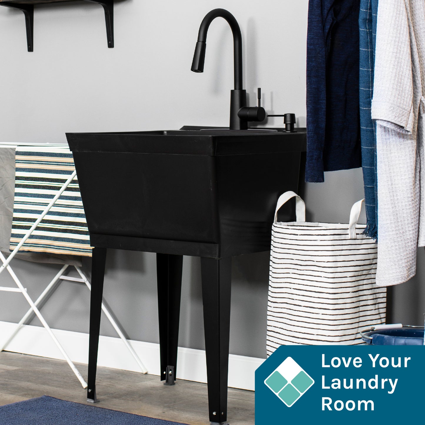 Tehila Standard Freestanding Black Utility Sink with Black Finish High-Arc Pull-Down Faucet and Soap Dispenser - Utility sinks vanites Tehila