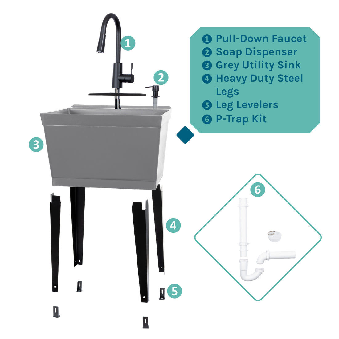 Tehila Standard Freestanding Grey Utility Sink with Black Finish High-Arc Pull-Down Faucet and Soap Dispenser - Utility sinks vanites Tehila
