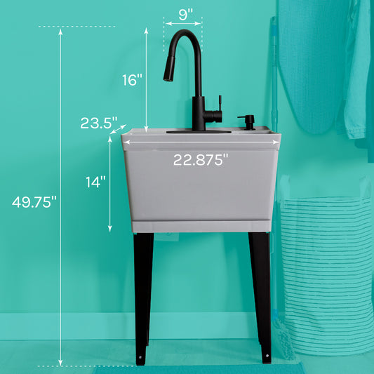 Tehila Standard Freestanding Grey Utility Sink with Black Finish High-Arc Pull-Down Faucet and Soap Dispenser - Utility sinks vanites Tehila
