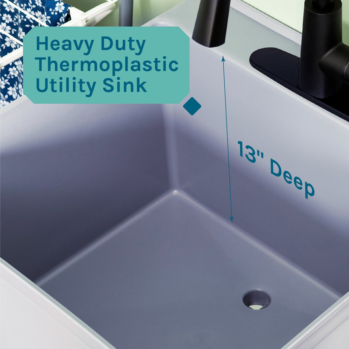 Tehila Standard Freestanding Grey Utility Sink with Black Finish High-Arc Pull-Down Faucet and Soap Dispenser - Utility sinks vanites Tehila