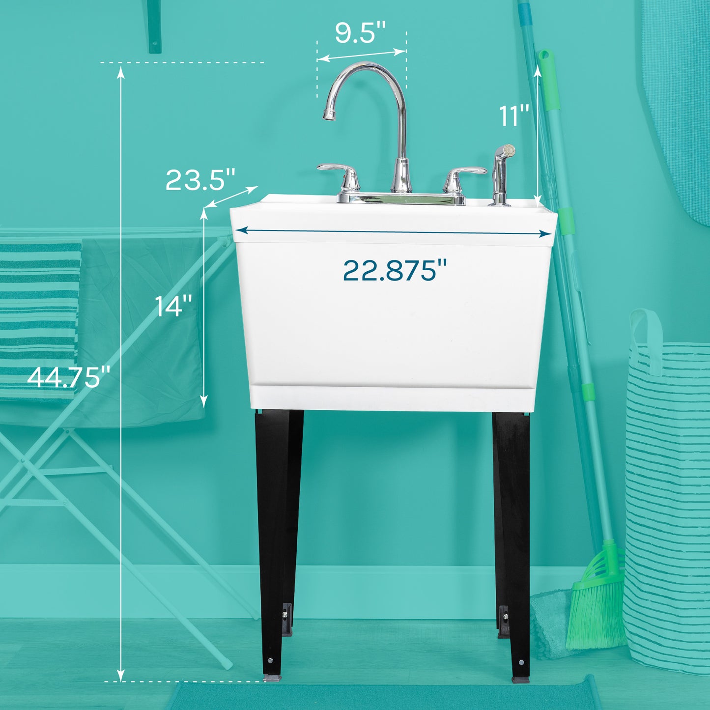 Tehila Standard Freestanding White Utility Sink with Black Legs and Chrome Finish Wide-set Gooseneck Faucet with Side Sprayer - Utility sinks vanites Tehila
