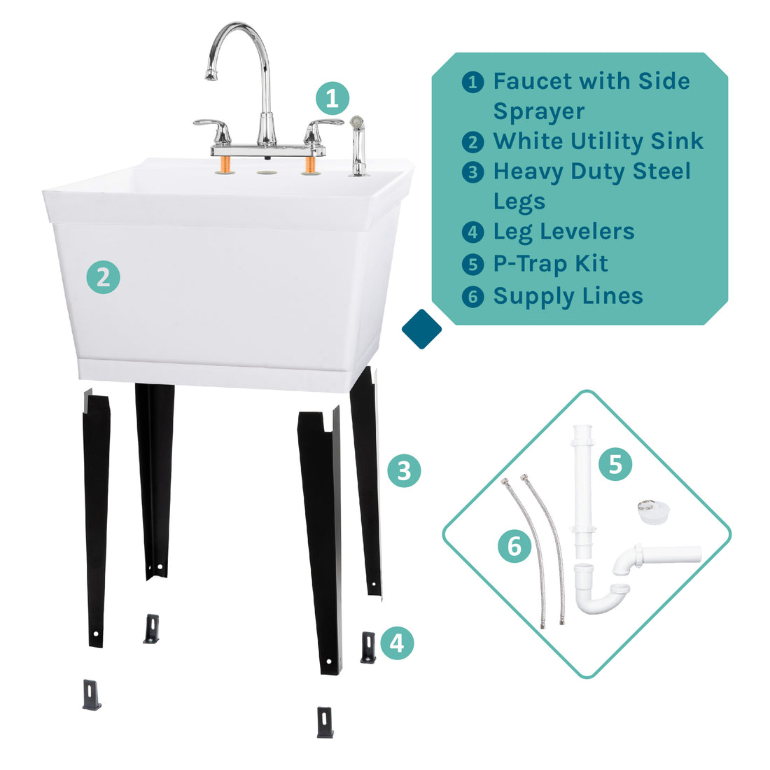 Tehila Standard Freestanding White Utility Sink with Black Legs and Chrome Finish Wide-set Gooseneck Faucet with Side Sprayer - Utility sinks vanites Tehila