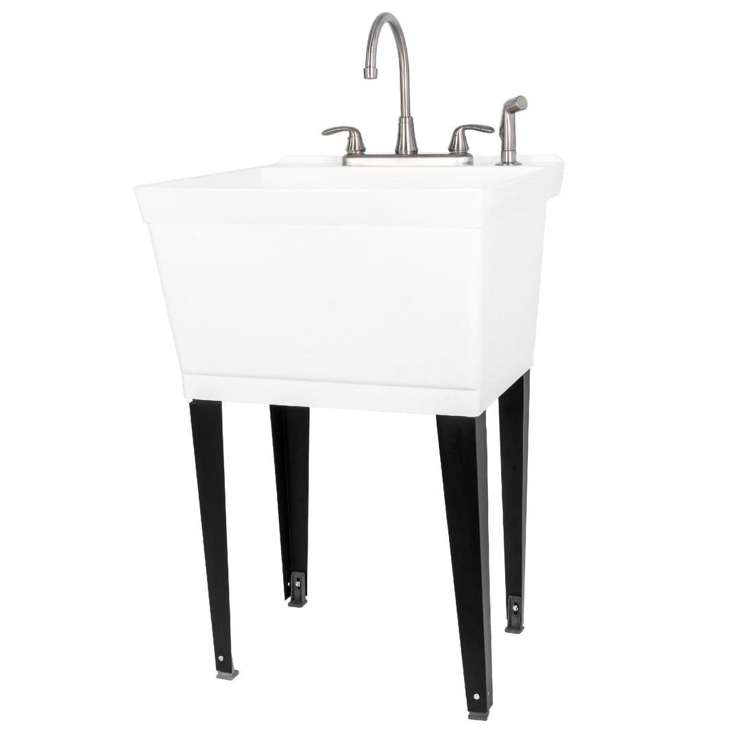 Tehila Standard Freestanding White Utility Sink with Black Legs and Stainless Steel Finish Wide-set Gooseneck Faucet with Side Sprayer - Utility sinks vanites Tehila