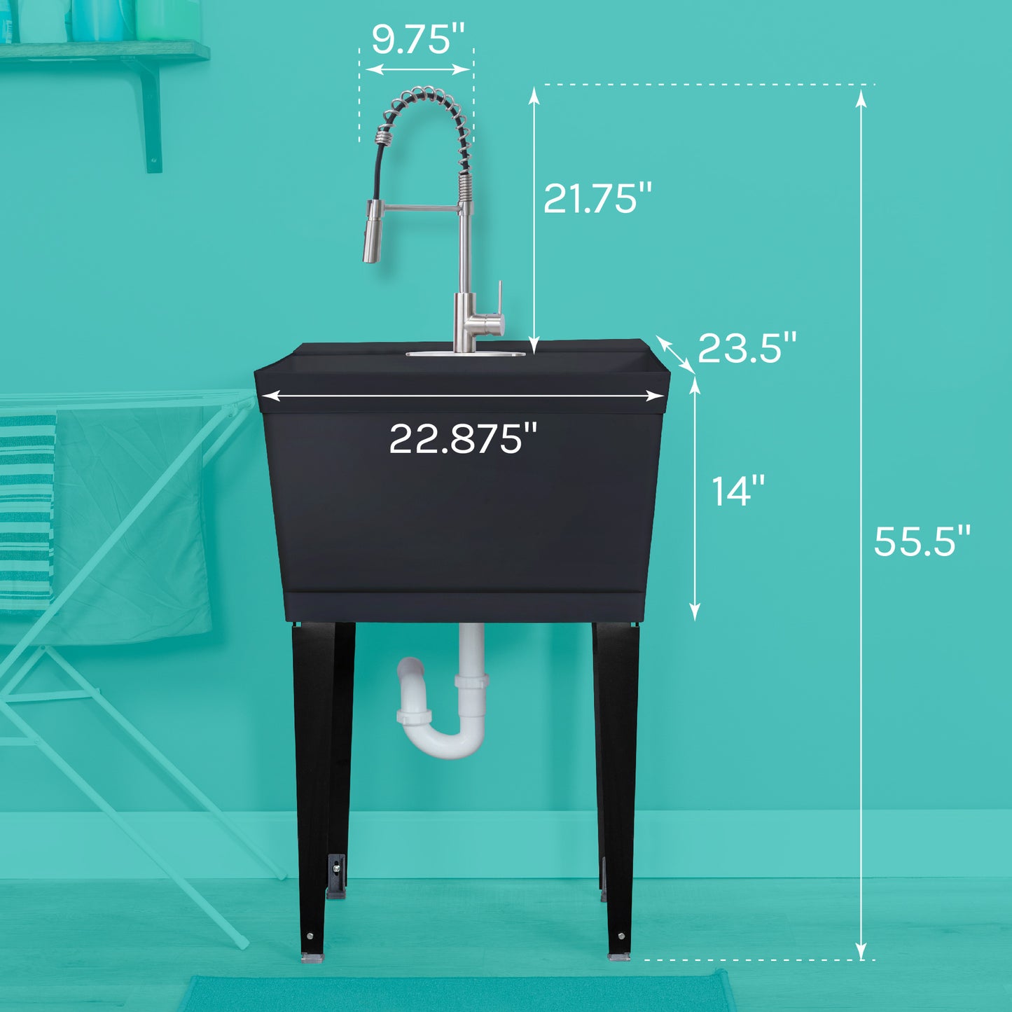 Tehila Standard Freestanding Black Utility Sink with Stainless Steel Finish High-Arc Coil Pull-Down Faucet - Utility sinks vanites Tehila