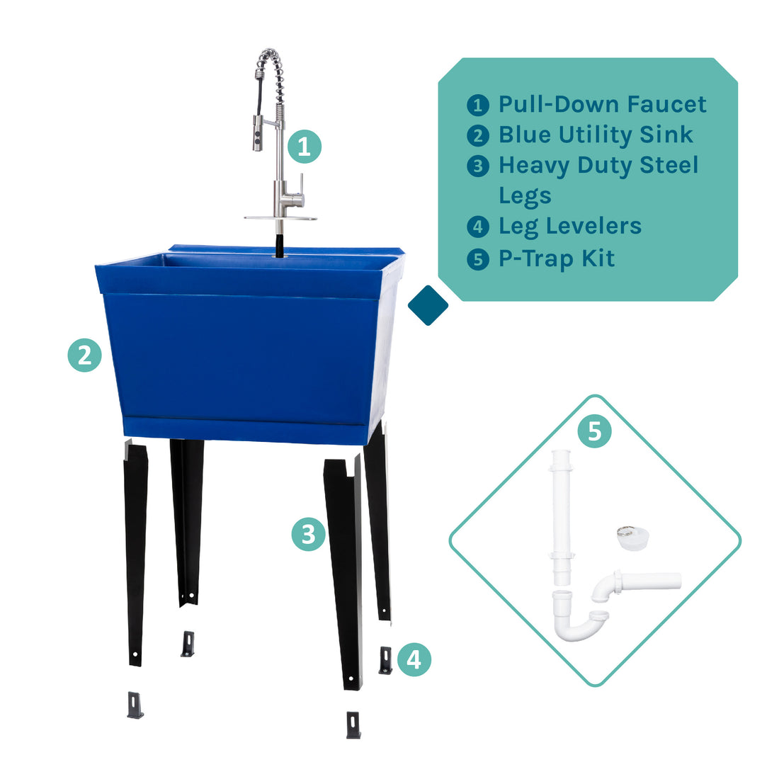 Tehila Standard Freestanding Blue Utility Sink with Stainless Steel Finish High-Arc Coil Pull-Down Faucet - Utility sinks vanites Tehila