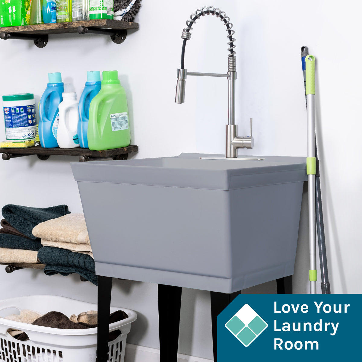 Tehila Standard Freestanding Grey Utility Sink with Stainless Steel Finish High-Arc Coil Pull-Down Faucet - Utility sinks vanites Tehila