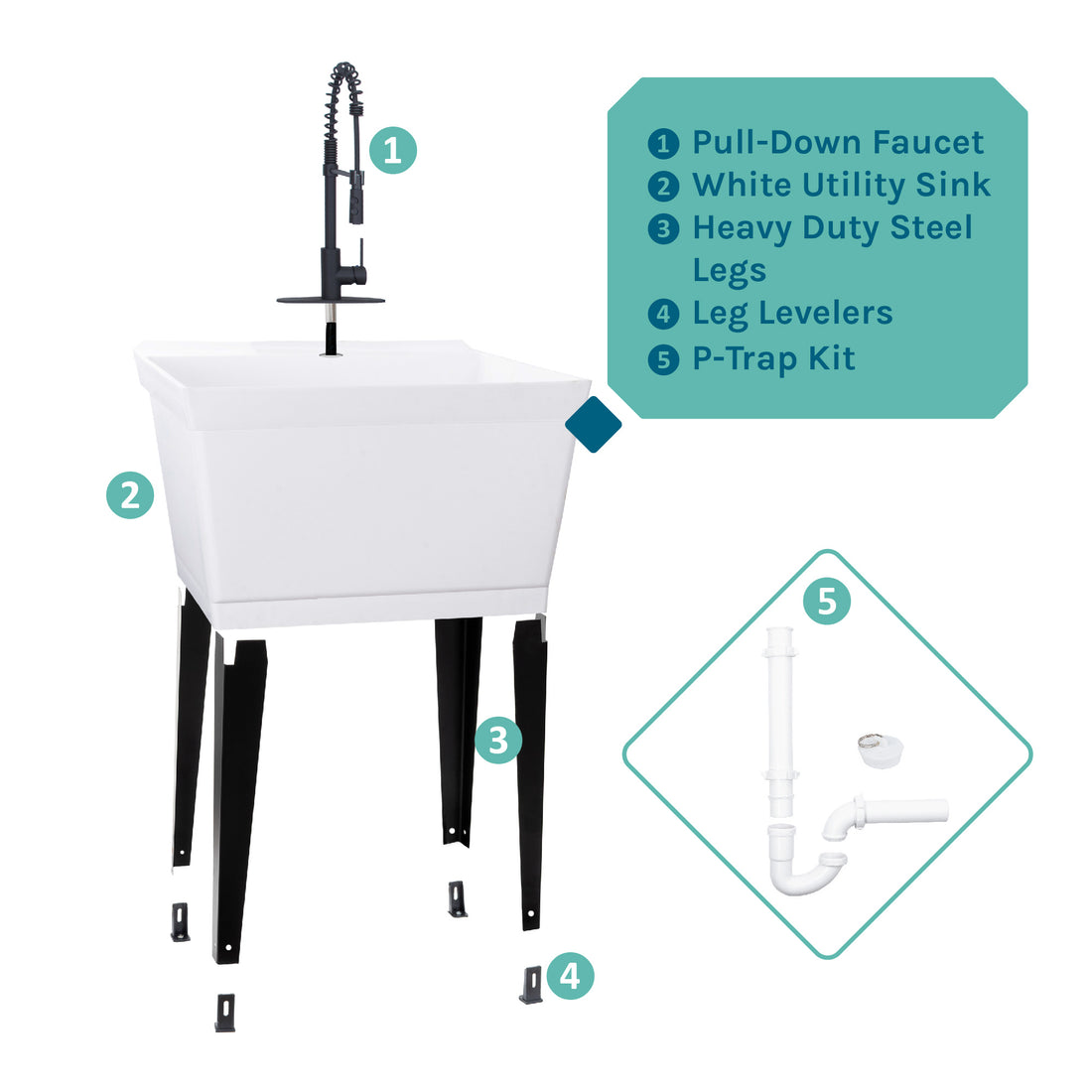 Tehila Standard Freestanding White Utility Sink with Black Finish High-Arc Coil Pull-Down Faucet - Utility sinks vanites Tehila
