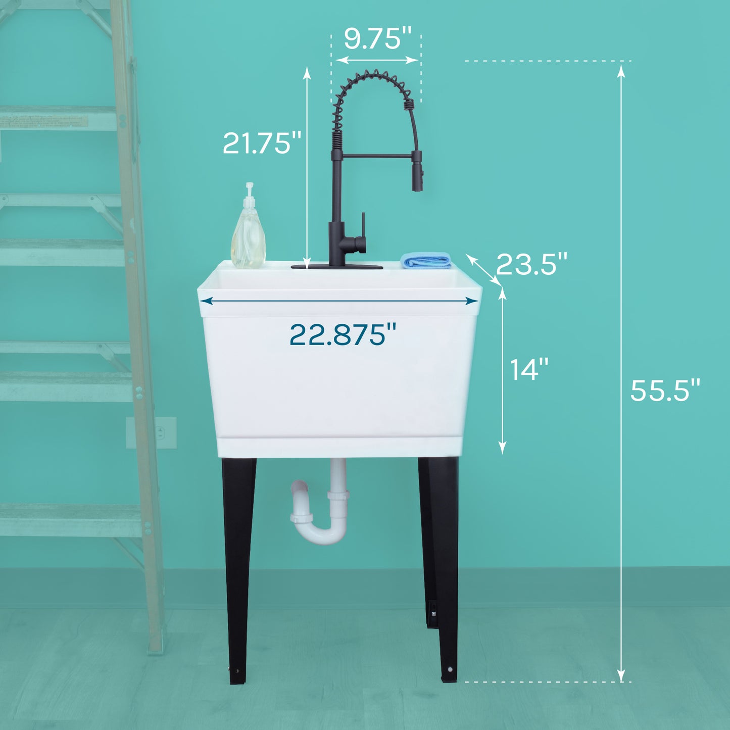 Tehila Standard Freestanding White Utility Sink with Black Finish High-Arc Coil Pull-Down Faucet - Utility sinks vanites Tehila