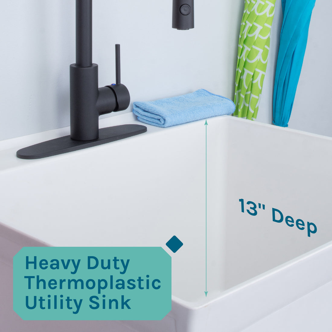 Tehila Standard Freestanding White Utility Sink with Black Finish High-Arc Coil Pull-Down Faucet - Utility sinks vanites Tehila