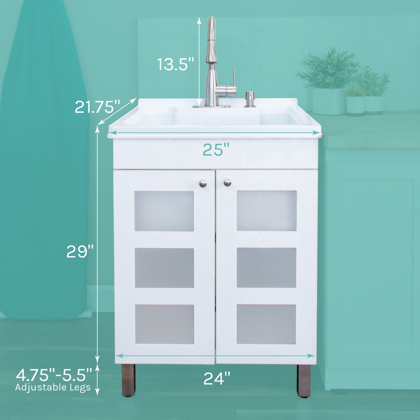 Tehila White Vanity Cabinet and White Utility Sink with Stainless Steel Finish Low-Profile Pull-Down Faucet - Utility sinks vanites Tehila