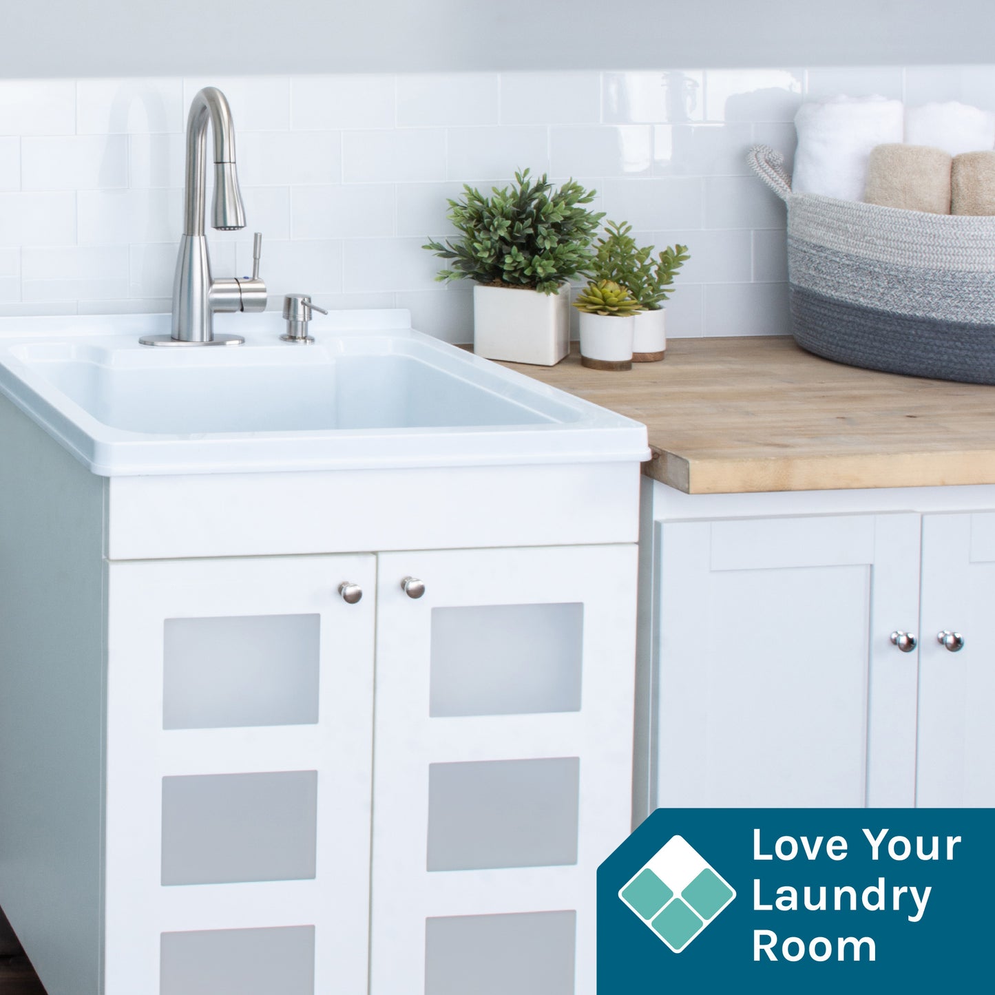 Tehila White Vanity Cabinet and White Utility Sink with Stainless Steel Finish Low-Profile Pull-Down Faucet - Utility sinks vanites Tehila