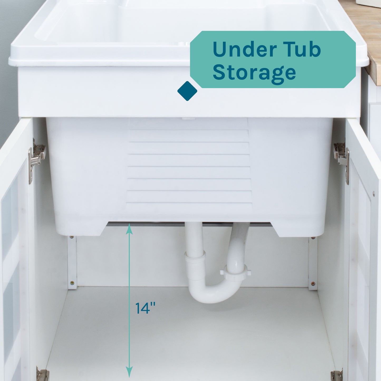 Tehila White Vanity Cabinet and White Utility Sink with Stainless Steel Finish Low-Profile Pull-Down Faucet - Utility sinks vanites Tehila