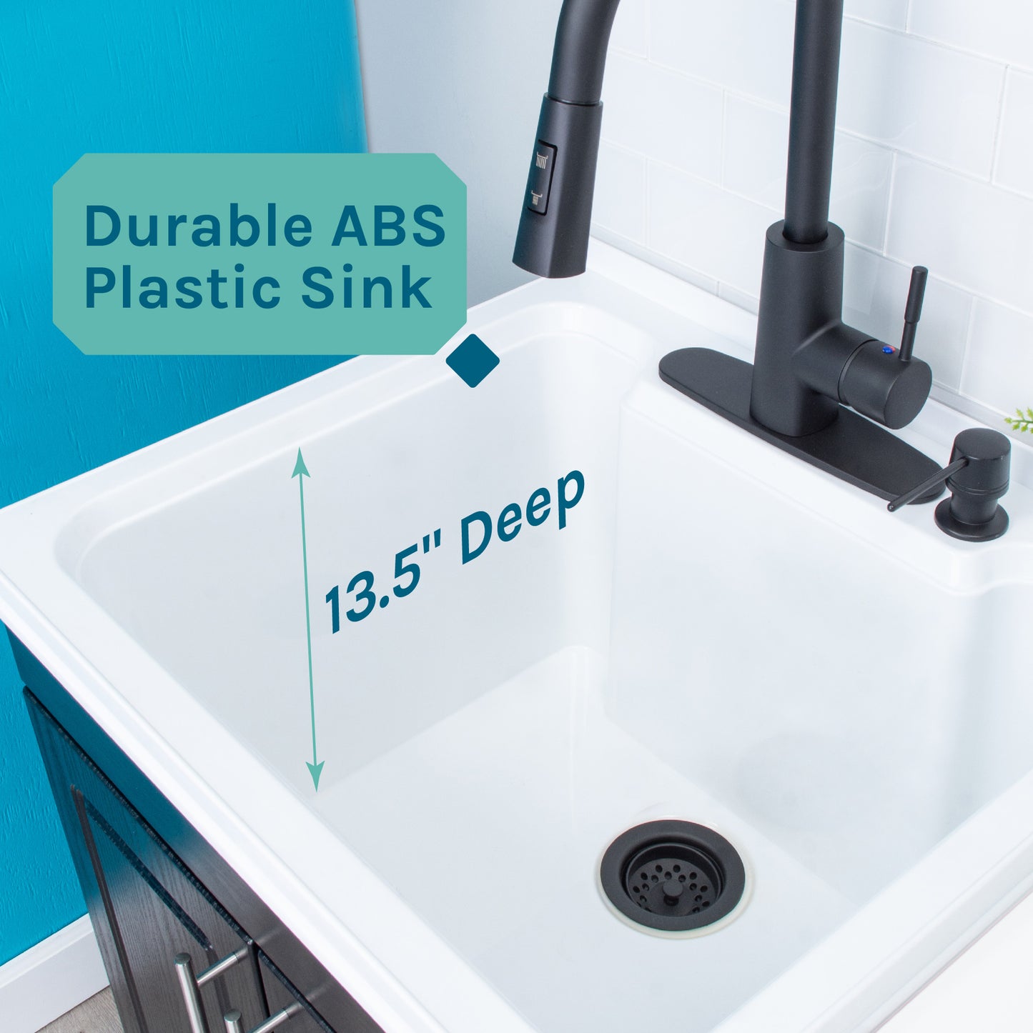 Tehila Black Vanity Cabinet and White Utility Sink with Black Finish High-Arc Pull-Down Faucet - Utility sinks vanites Tehila