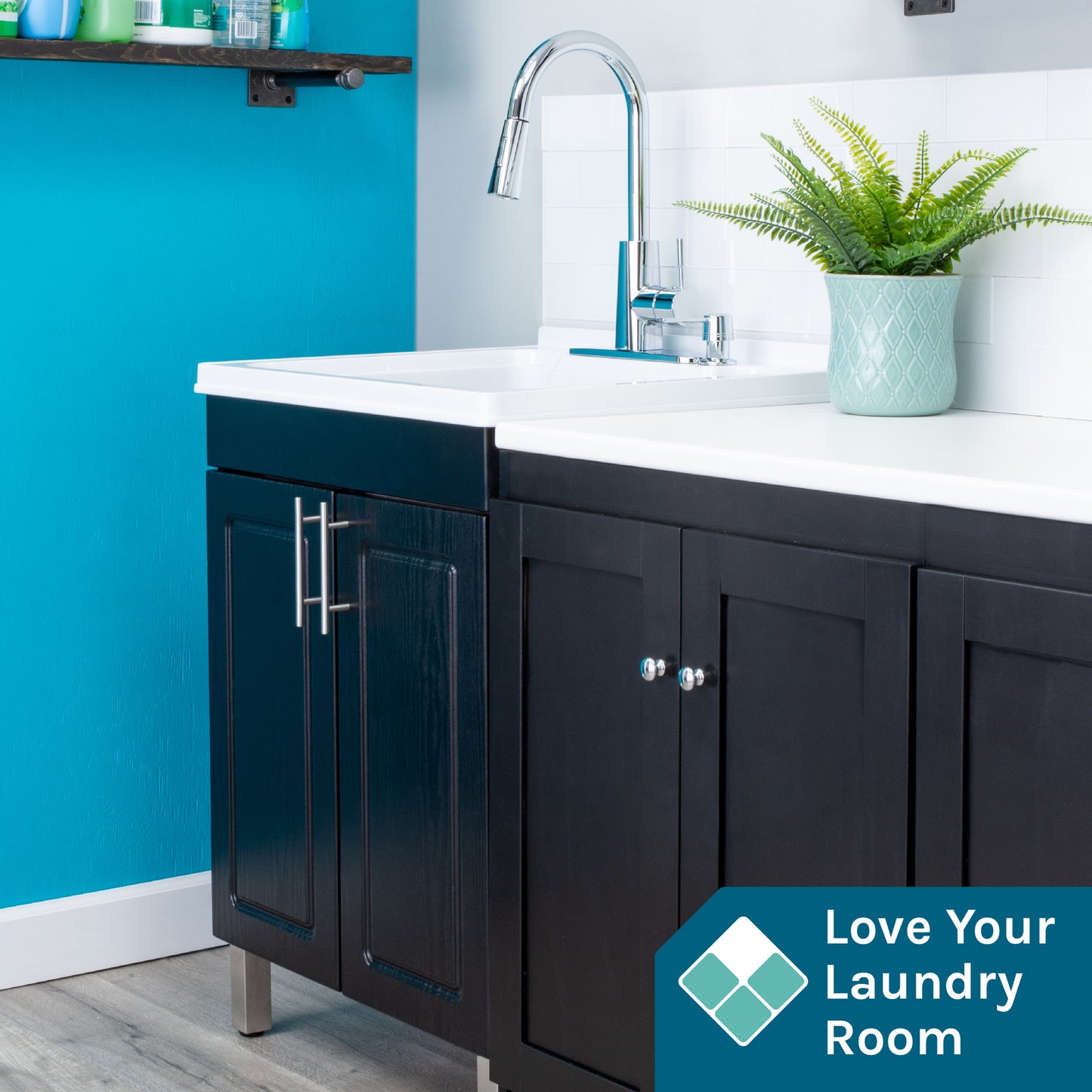 Tehila Black Vanity Cabinet and White Utility Sink with Chrome Finish High-Arc Pull-Down Faucet - Utility sinks vanites Tehila