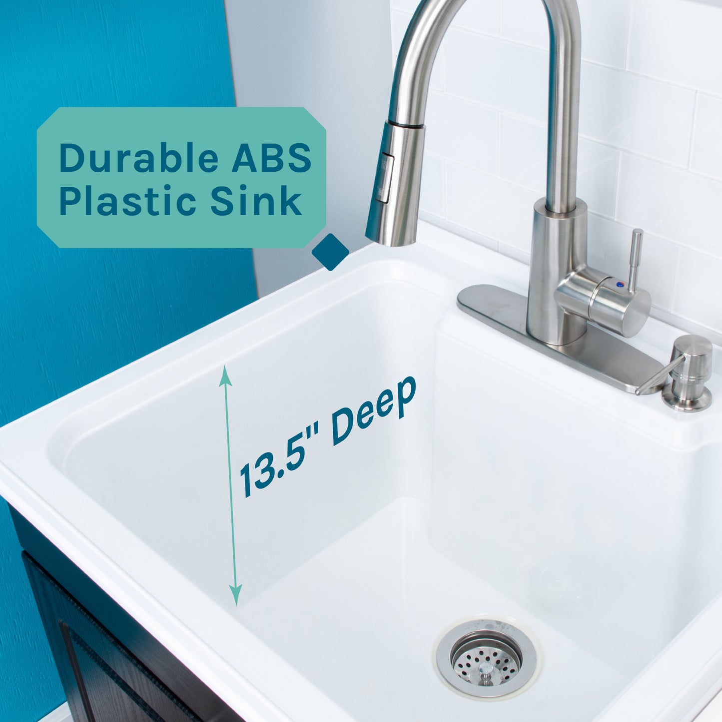 Tehila Black Vanity Cabinet and White Utility Sink with Stainless Steel Finish High-Arc Pull-Down Faucet - Utility sinks vanites Tehila