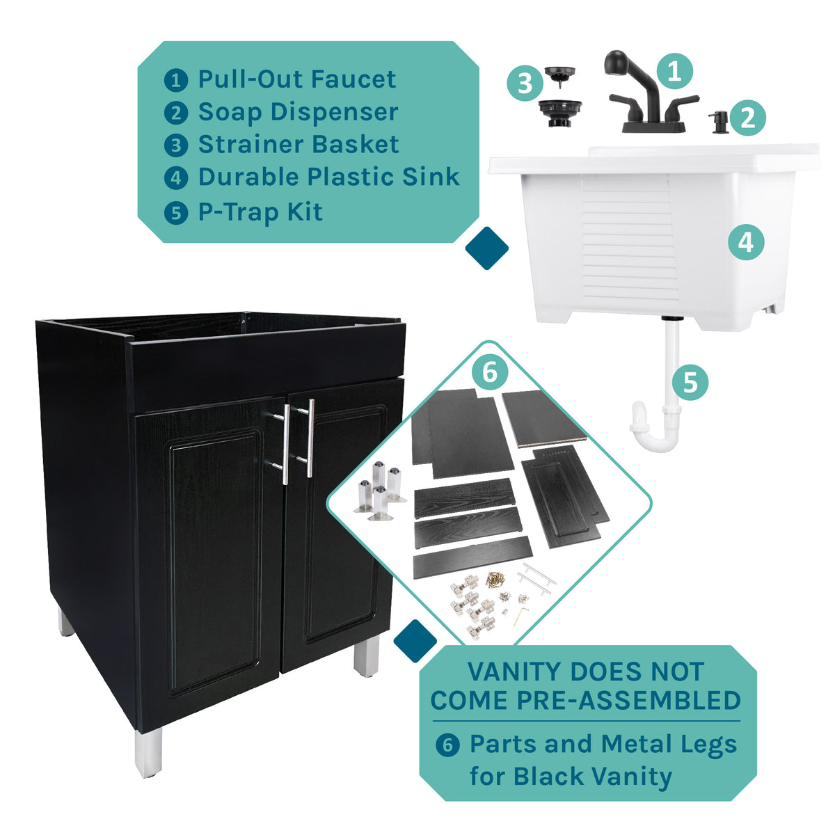 Tehila Black Vanity Cabinet and White Utility Sink with Black Finish Pull-Out Faucet - Utility sinks vanites Tehila