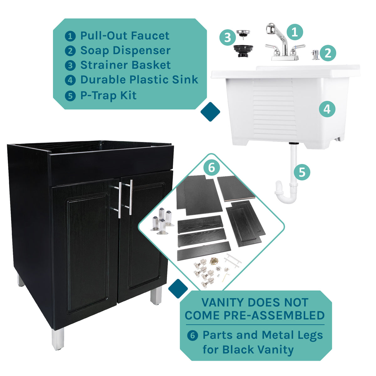 Tehila Black Vanity Cabinet and White Utility Sink with Chrome Finish Pull-Out Faucet - Utility sinks vanites Tehila