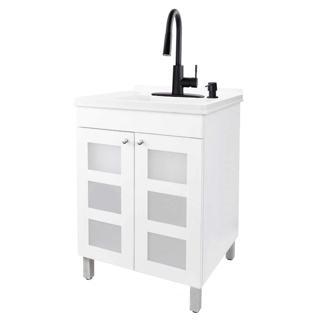 Tehila White Vanity Cabinet and White Utility Sink with Black Finish High-Arc Pull-Down Faucet - Utility sinks vanites Tehila