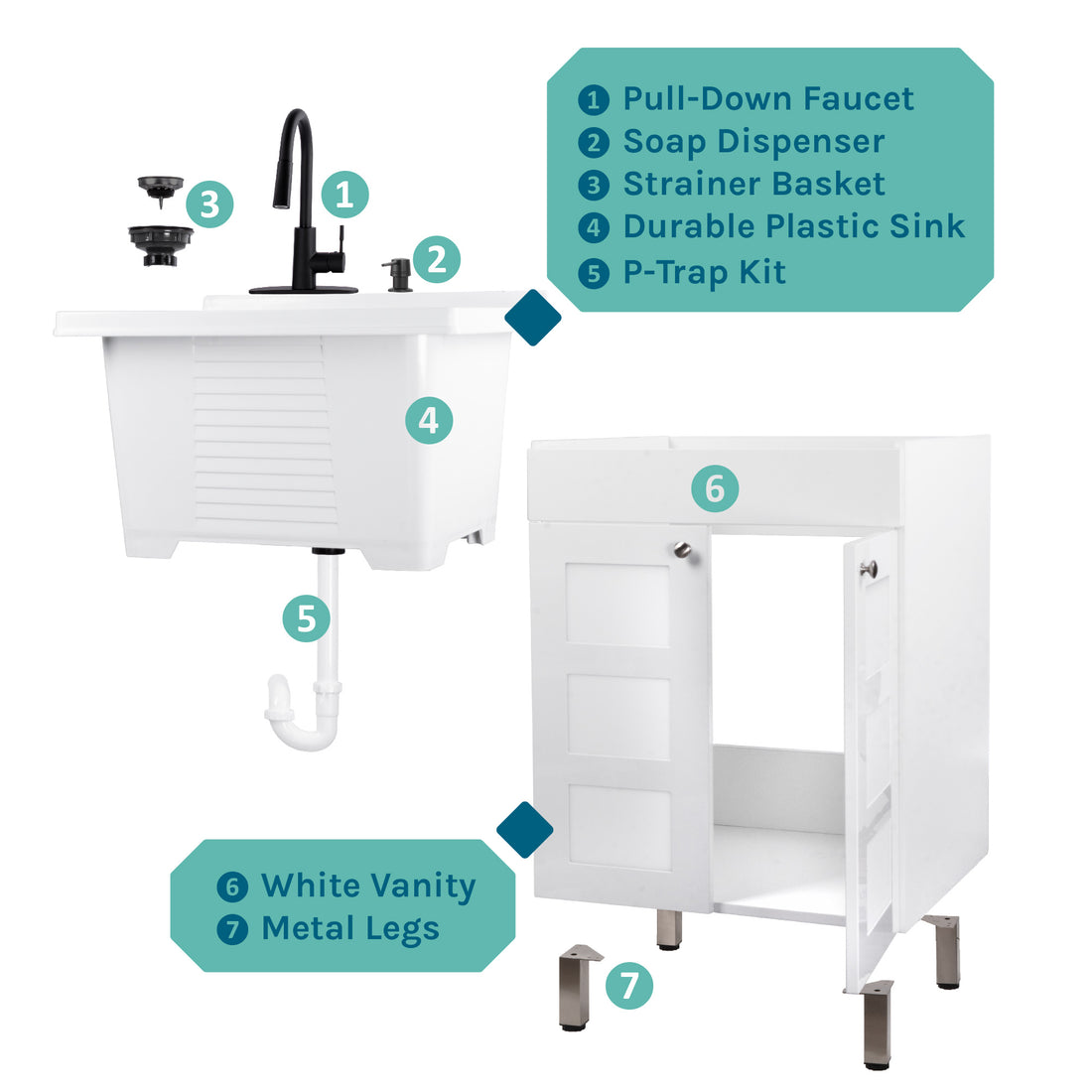 Tehila White Vanity Cabinet and White Utility Sink with Black Finish High-Arc Pull-Down Faucet - Utility sinks vanites Tehila