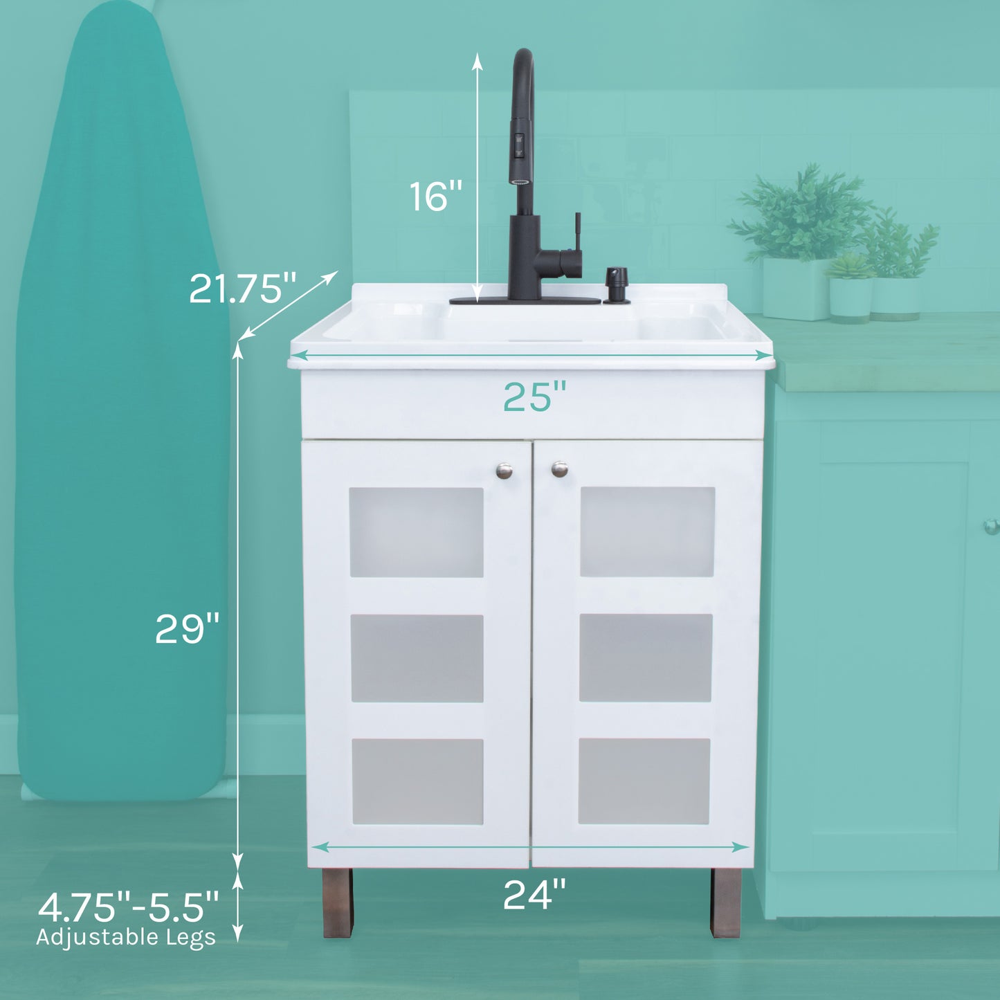 Tehila White Vanity Cabinet and White Utility Sink with Black Finish High-Arc Pull-Down Faucet - Utility sinks vanites Tehila