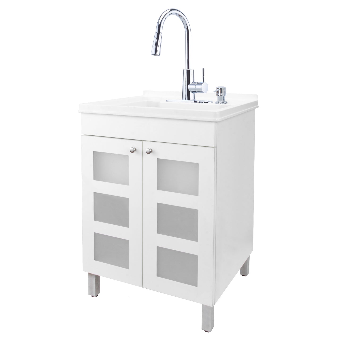 Tehila White Vanity Cabinet and White Utility Sink with Chrome Finish High-Arc Pull-Down Faucet - Utility sinks vanites Tehila
