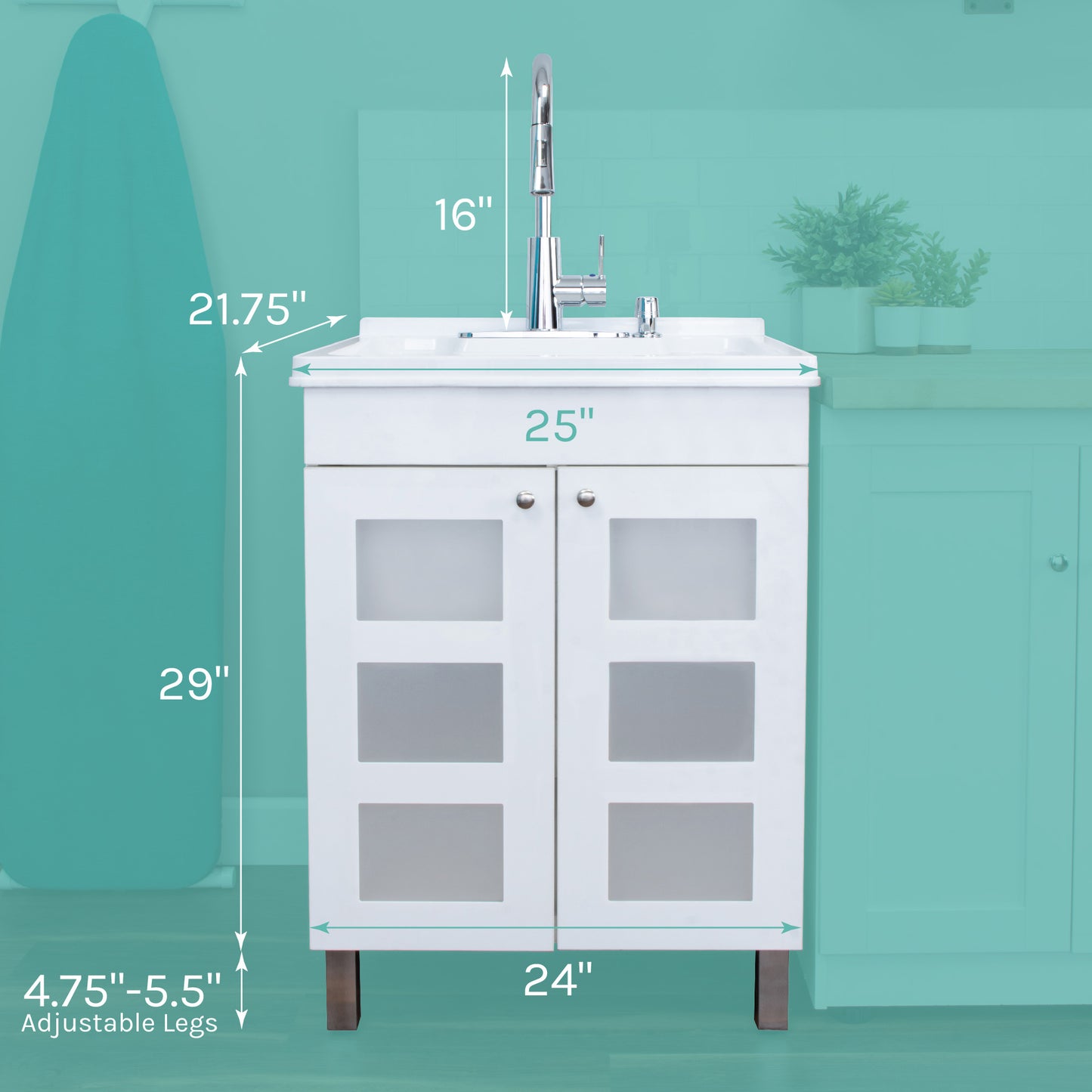 Tehila White Vanity Cabinet and White Utility Sink with Chrome Finish High-Arc Pull-Down Faucet - Utility sinks vanites Tehila