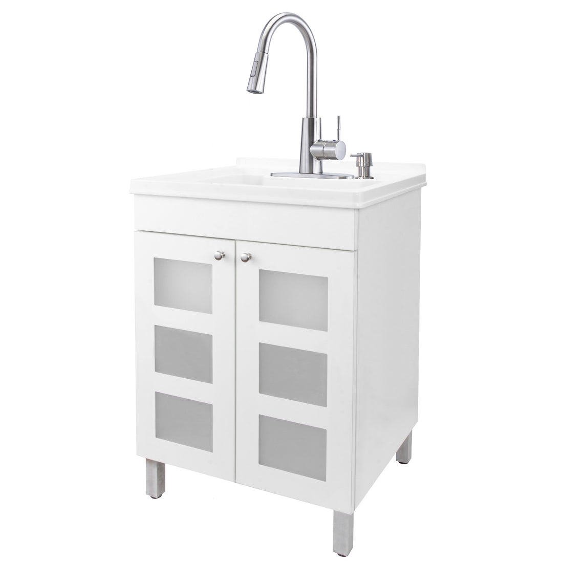 Tehila White Vanity Cabinet and White Utility Sink with Stainless Steel Finish High-Arc Pull-Down Faucet - Utility sinks vanites Tehila