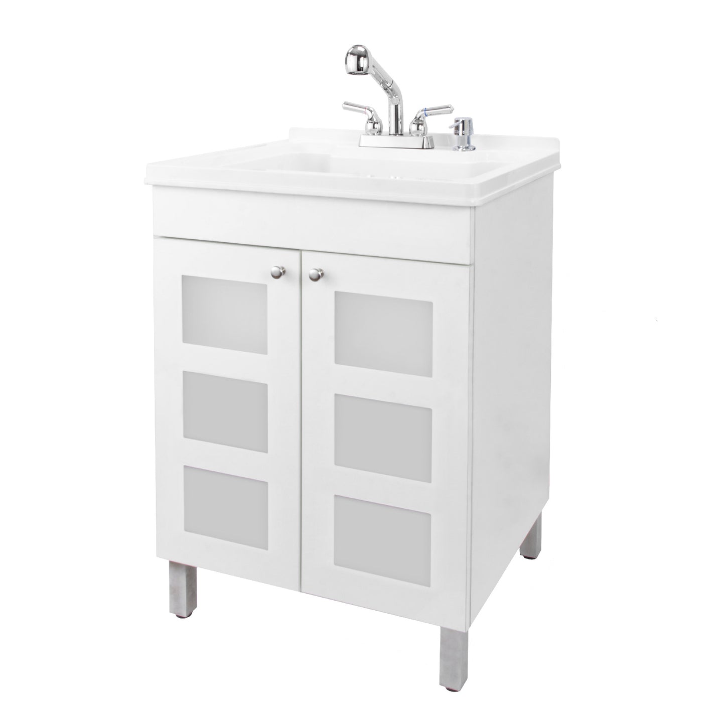 Tehila White Vanity Cabinet and White Utility Sink with Chrome Finish Pull-Out Faucet - Utility sinks vanites Tehila