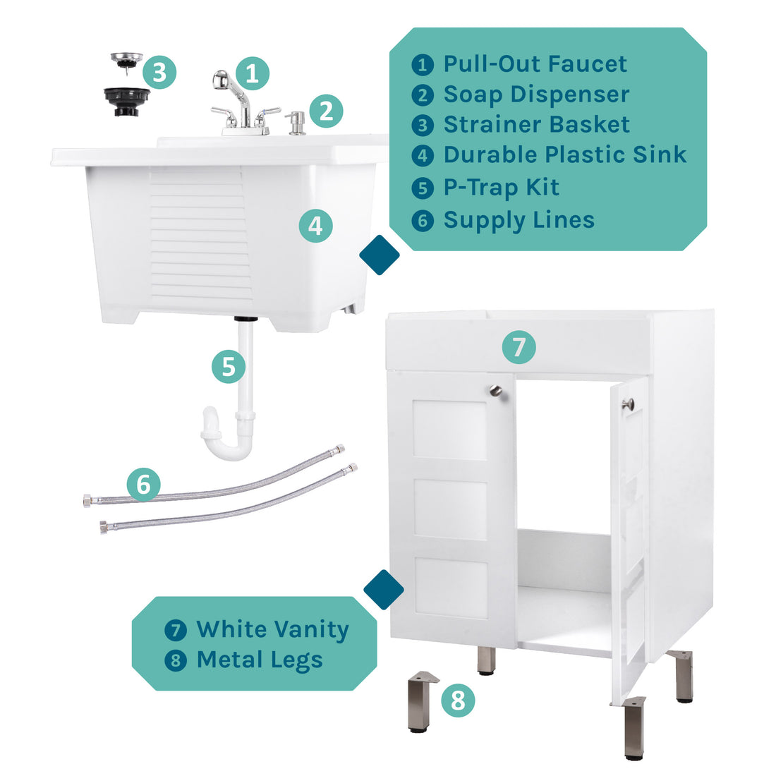 Tehila White Vanity Cabinet and White Utility Sink with Chrome Finish Pull-Out Faucet - Utility sinks vanites Tehila