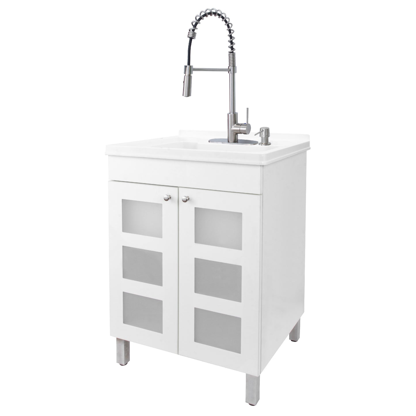 Tehila White Vanity Cabinet and White Utility Sink with Stainless Steel Finish High-Arc Coil Pull-Down Faucet - Utility sinks vanites Tehila