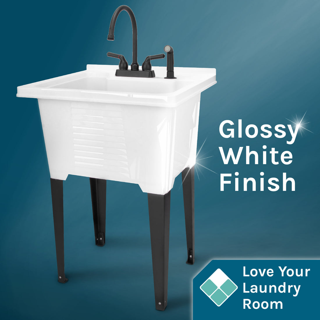 Tehila Luxe Freestanding White Utility Sink with Black Finish Gooseneck Faucet - Utility sinks vanites Tehila