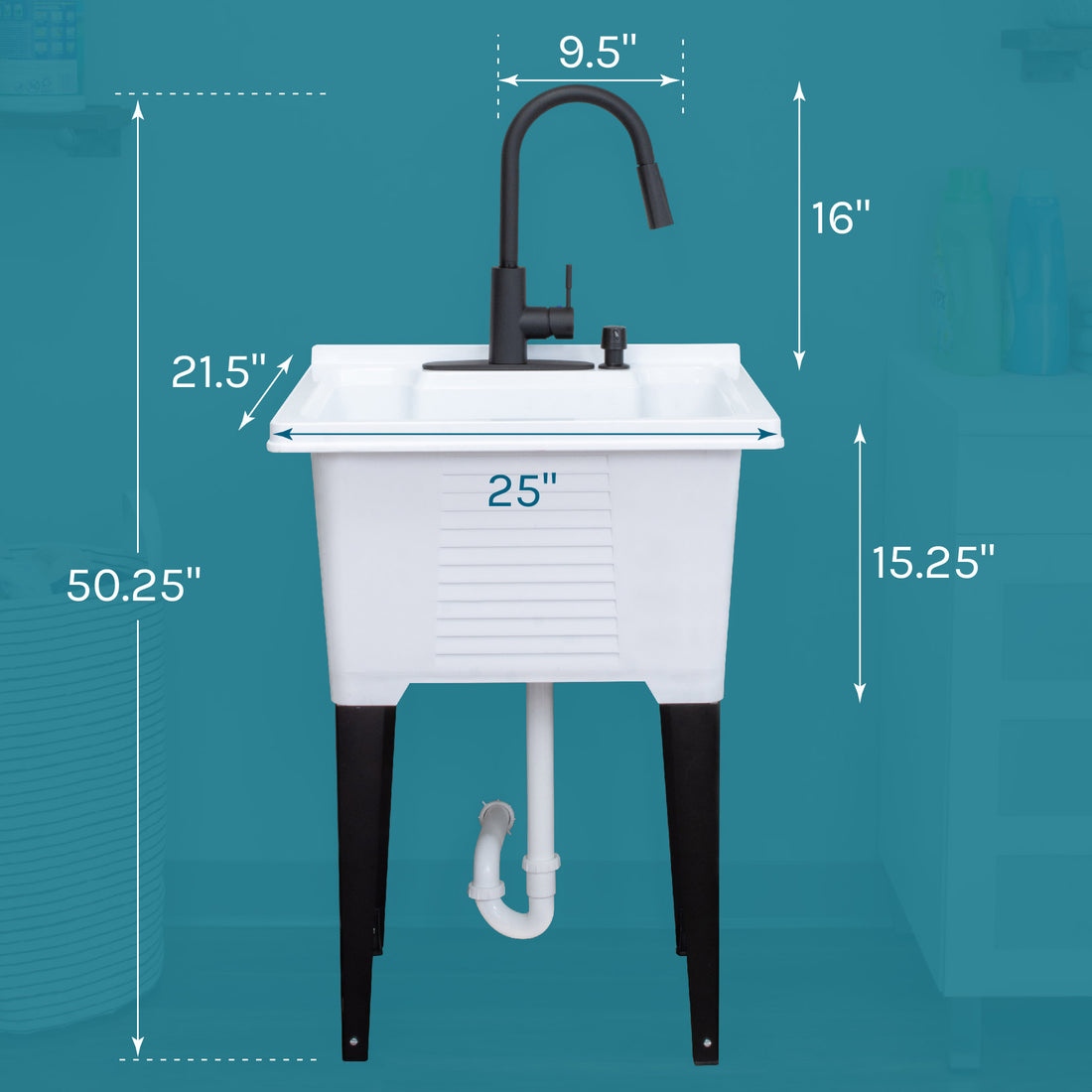 Tehila Luxe Freestanding White Utility Sink with Black Finish High-Arc Pull-Down Faucet - Utility sinks vanites Tehila