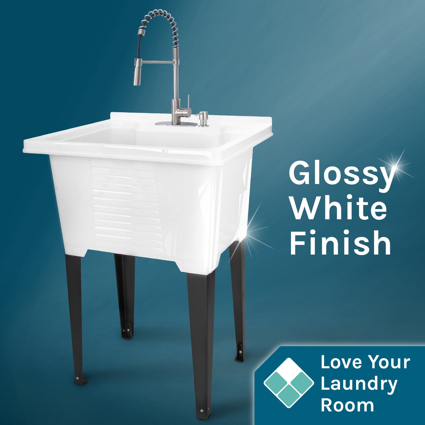 Tehila Luxe Freestanding White Utility Sink with Stainless Steel Finish High-Arc Coil Pull-Down Faucet - Utility sinks vanites Tehila