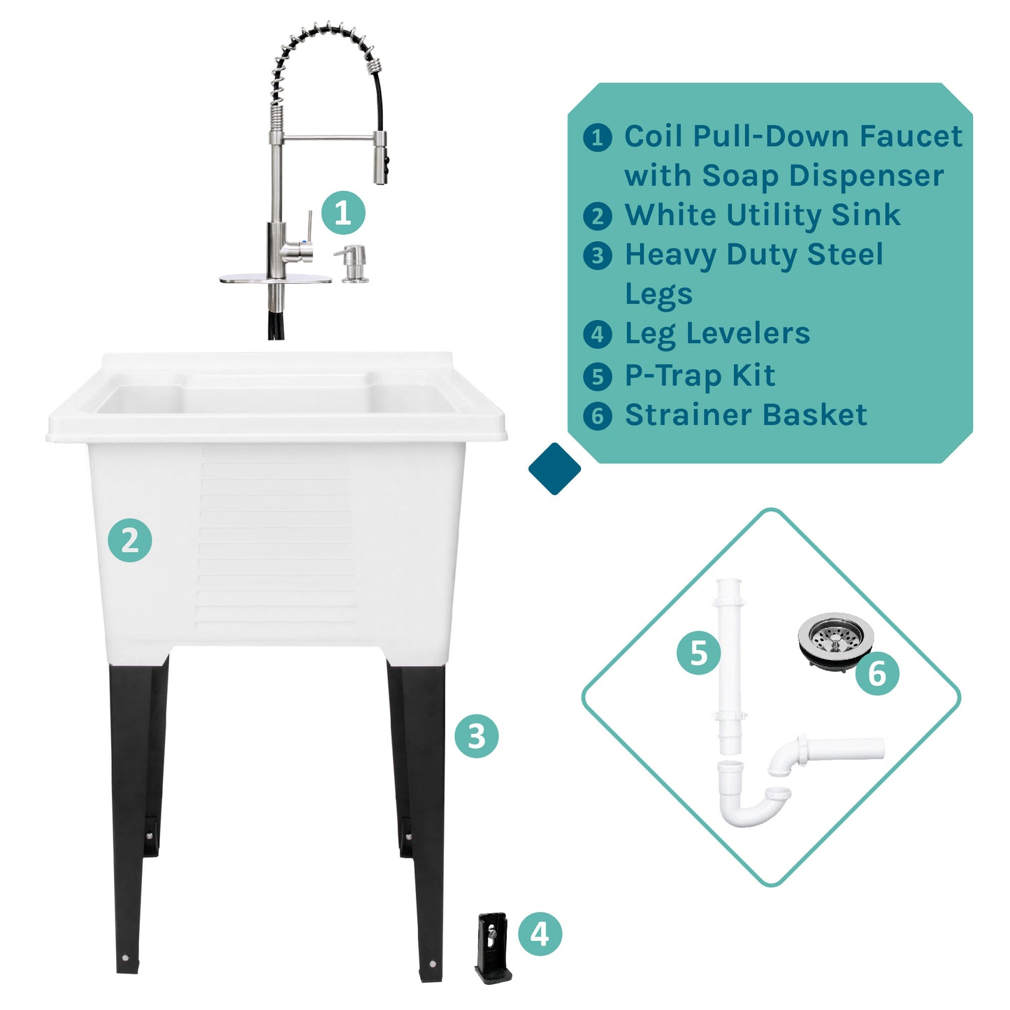 Tehila Luxe Freestanding White Utility Sink with Stainless Steel Finish High-Arc Coil Pull-Down Faucet - Utility sinks vanites Tehila