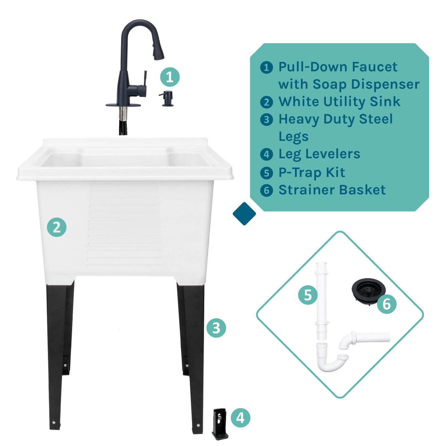 Tehila Luxe Freestanding White Utility Sink with Black Finish Low-Profile Pull-Down Faucet - Utility sinks vanites Tehila