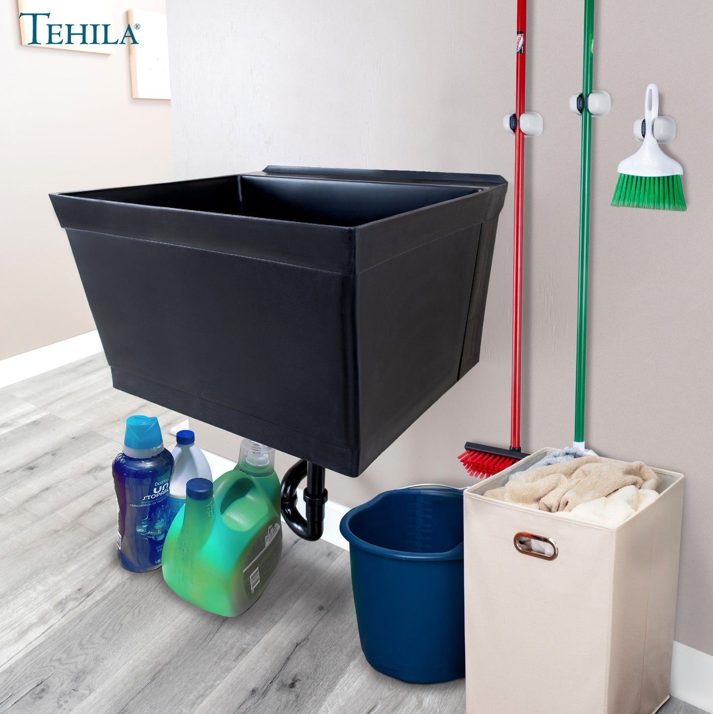 Tehila Standard Wall-Mounted Black Utility Sink, Water Supply Lines Included - Utility sinks vanites Tehila