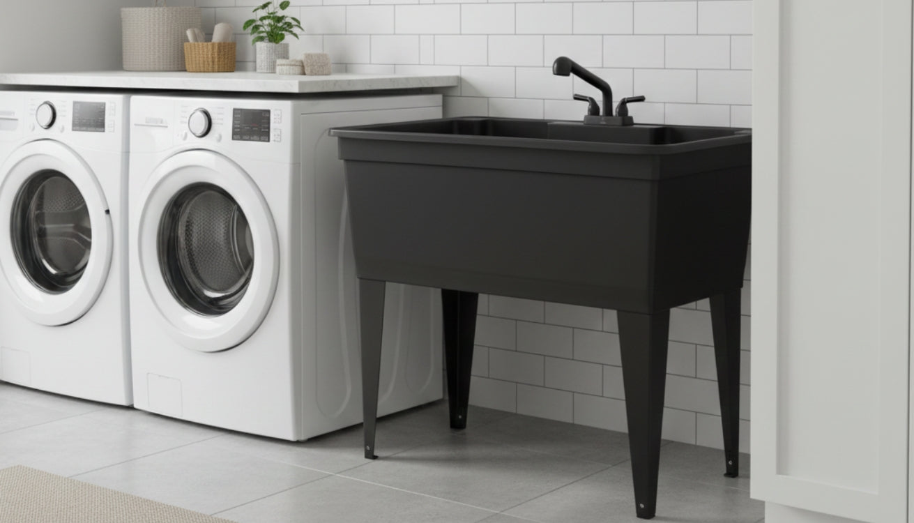 Wide black utility sink with faucet features in a modern laundry room with subway tiles and white appliances.