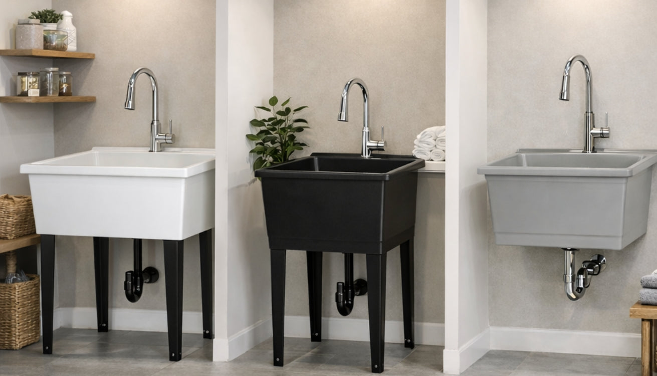 Freestanding utility sink, wide utility tub sink, and wall-mounted utility sink with faucets.