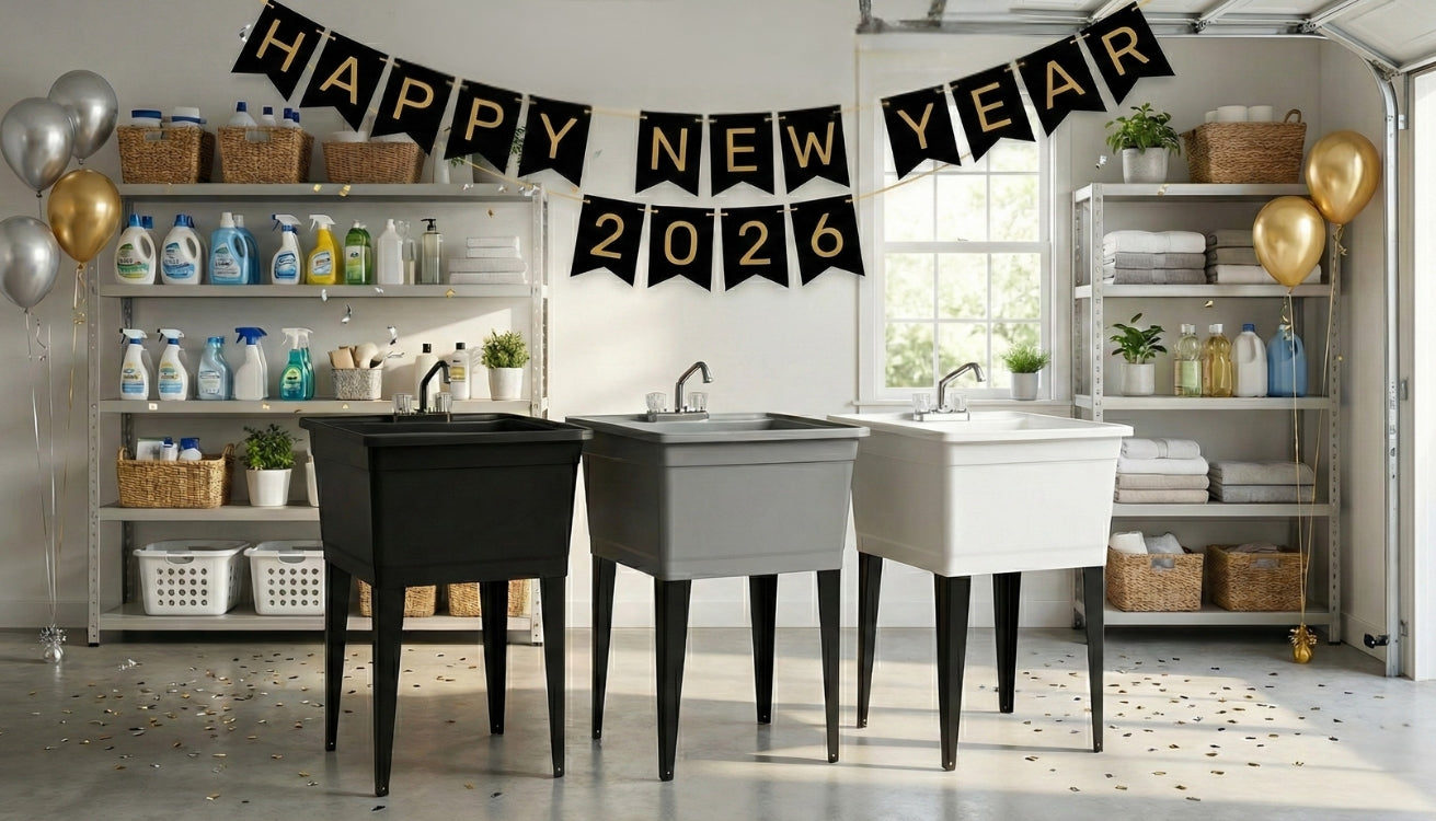 Three freestanding utility sinks in black, grey, and white arranged in a row under a large, gold 'Happy New Year' banner, symbolizing a fresh start for home organization and laundry room upgrades.