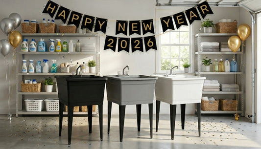 Three freestanding utility sinks in black, grey, and white arranged in a row under a large, gold 'Happy New Year' banner, symbolizing a fresh start for home organization and laundry room upgrades.