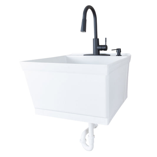 Fregadero de pared Tehila Standard blanco con grifo extraíble y acabado negro