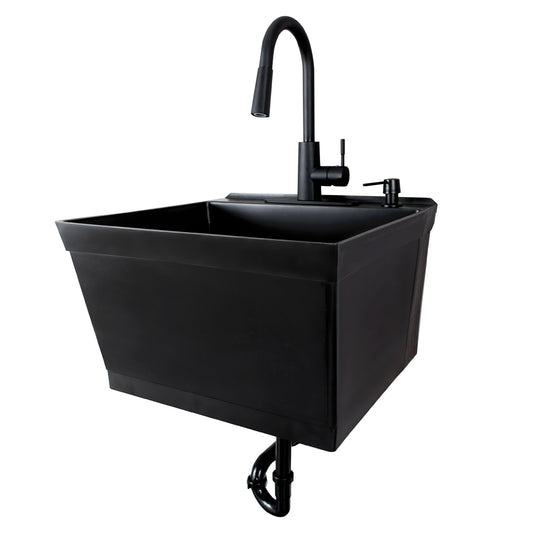 Fregadero de pared Tehila Standard, color negro, con grifo extraíble y acabado negro