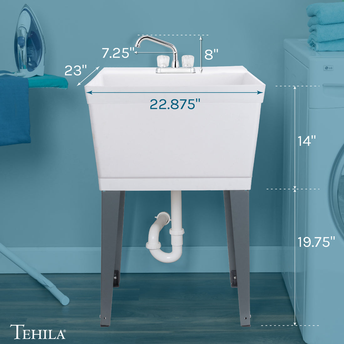 Tehila Standard Freestanding White Utility Sink with Chrome Finish Double Knob Utility Faucet - Utility-Sink.com