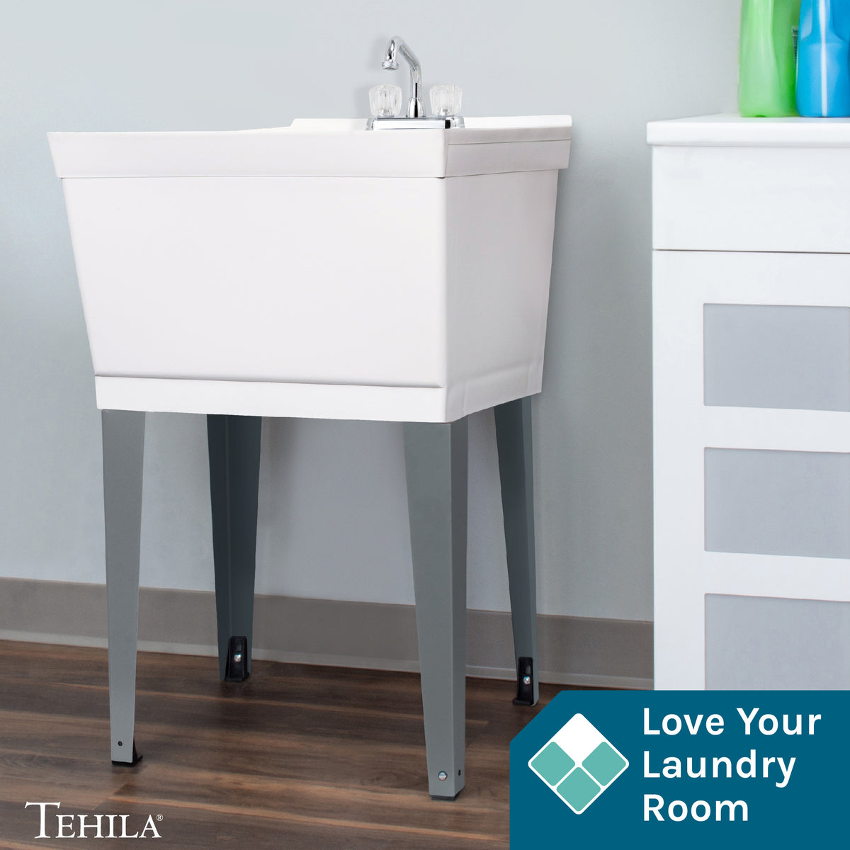 Tehila Standard Freestanding White Utility Sink with Chrome Finish Double Knob Utility Faucet - Utility-Sink.com