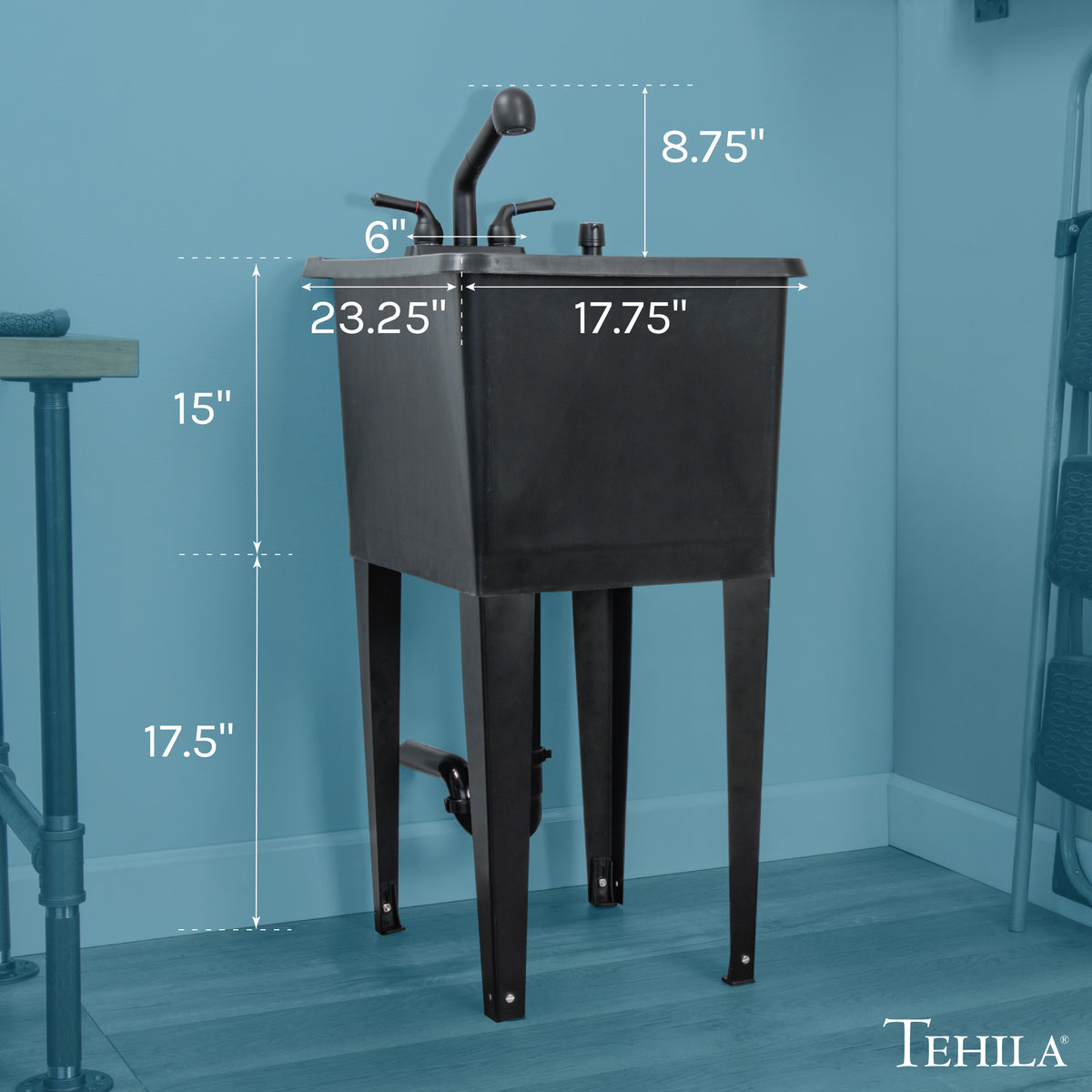 Tehila Space Saver Freestanding Black Utility Sink with Black Finish Pull-Out Faucet - Utility-Sink.com