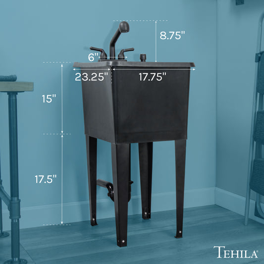 Tehila Space Saver Freestanding Black Utility Sink with Black Finish Pull-Out Faucet - Utility-Sink.com