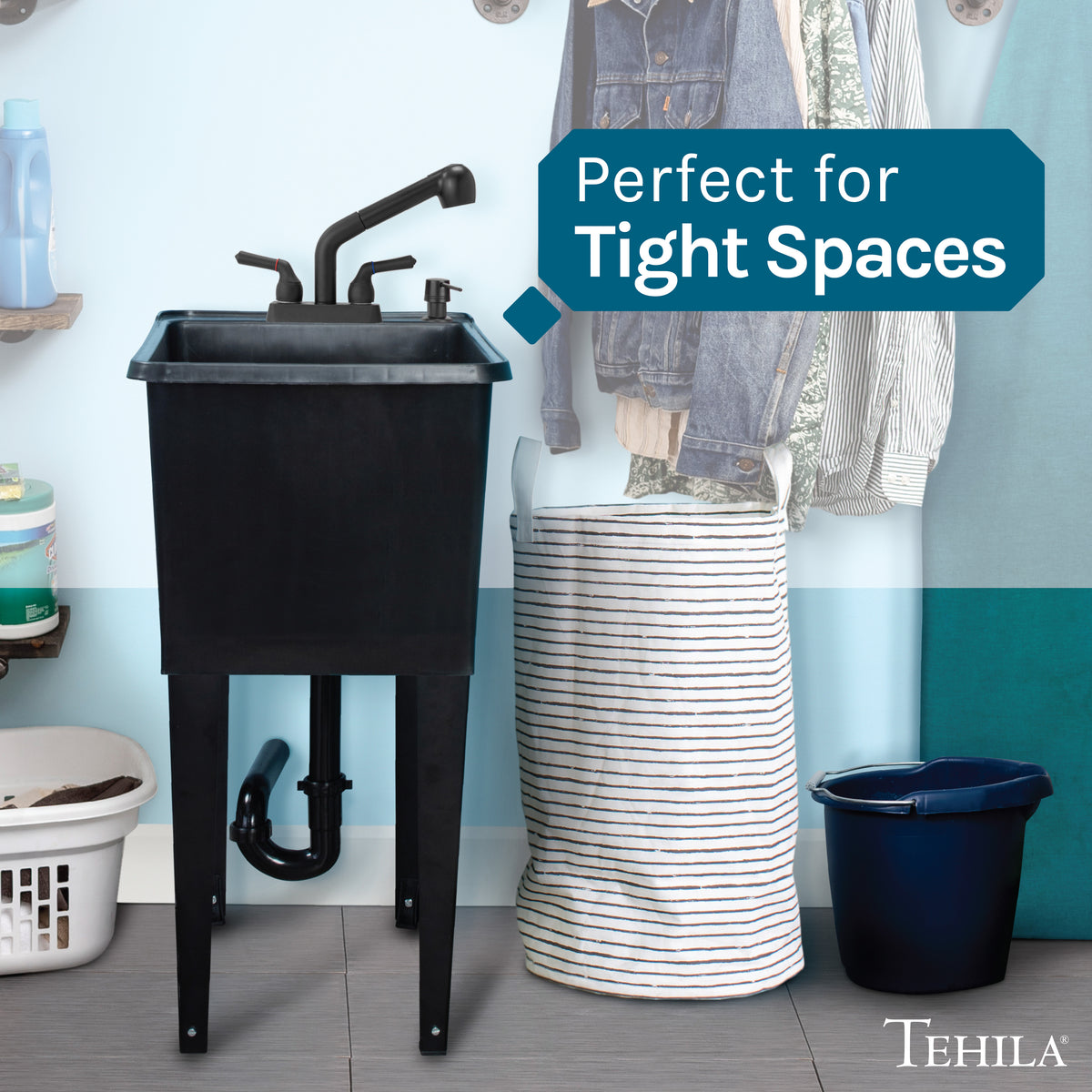 Tehila Space Saver Freestanding Black Utility Sink with Black Finish Pull-Out Faucet - Utility-Sink.com